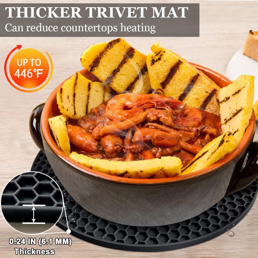 Silicone Trivet Mats - 4 Heat Resistant Pot Holders, Multipurpose Non-Slip Hot Pads for Kitchen Potholders, Hot Dishers, Jar Opener, Spoon Holder, Food Grade Silicone & BPA Free (Black)
