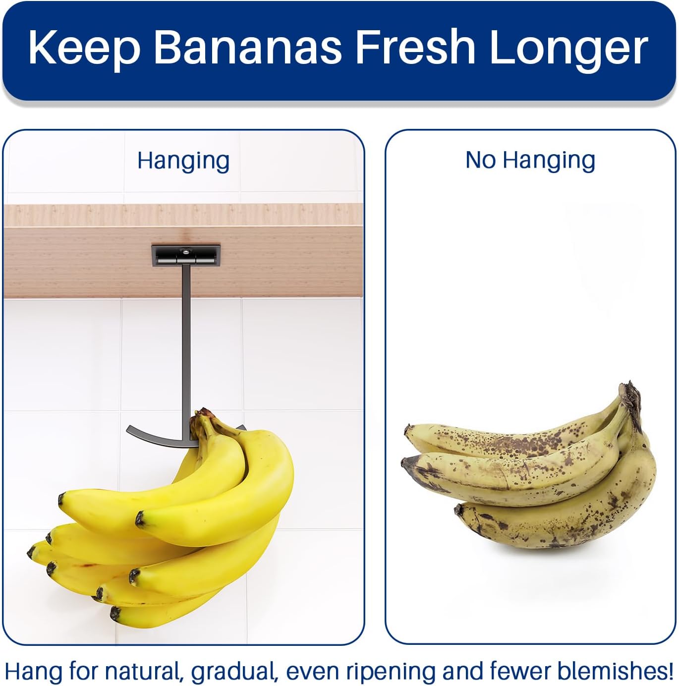 Banana Hook Under Cabinet - Adhesive Banana Hanger Under Counter, Metal Banana Holder Stand for Hanging Bananas or Kitchen Utensil, Keeps Bananas Fresh, Black, 1 Pack