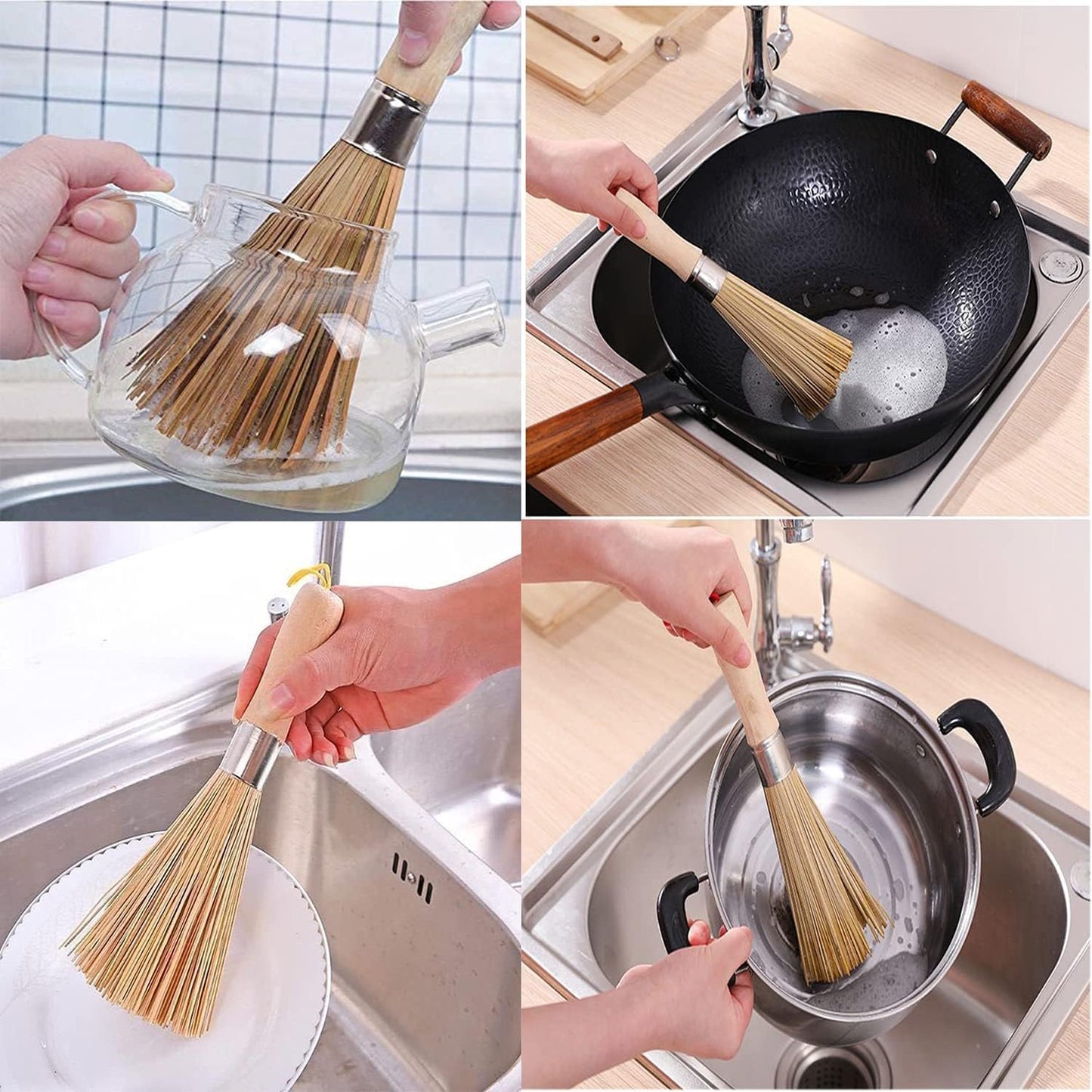2Pack Traditional Natural Bamboo Wok Brushes, Kitchen Cleaning Brush, Bamboo Kitchen pan Brush, for Cleaning Dishes, Cast Iron Pots, Pans, Vegetables and Sink。