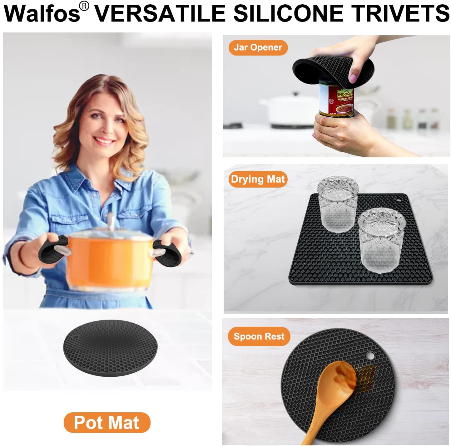 Silicone Trivet Mats - 4 Heat Resistant Pot Holders, Multipurpose Non-Slip Hot Pads for Kitchen Potholders, Hot Dishers, Jar Opener, Spoon Holder, Food Grade Silicone & BPA Free (Black)