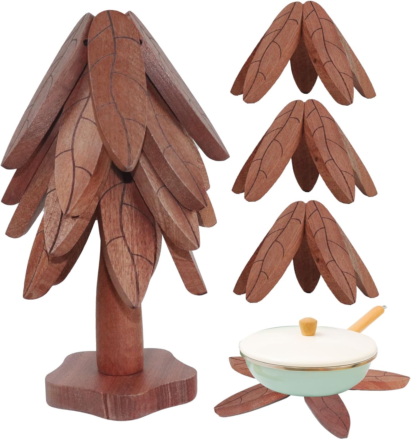 Wooden Trivets for Hot Dishes, Wood Trivet Tree Shape, Collapsible Cup Coaster Set - 4 Wooden Trivets + 1 Stand stored for Hot Dish/Pot/Bowl/Teapot/Hot Pot Set (Beech Wood)