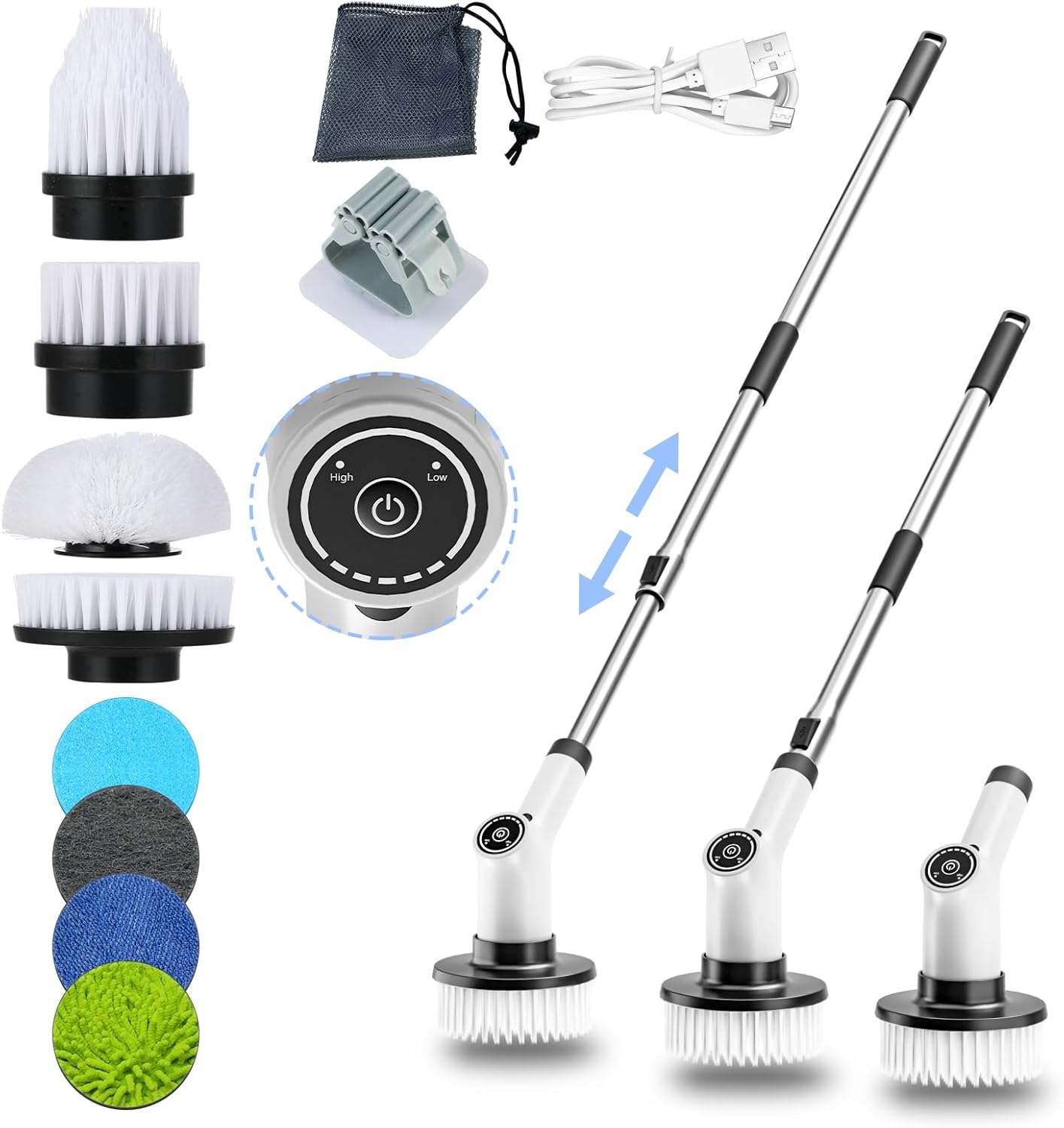 Cordless Electric Spin Scrubber, Electric Grout Cleaner with 2 Speeds, Adjustable Handle, 8 Replaceable Brush Heads, IPX7 Waterproof Electric Grout Brush for Kitchen, Bathroom, Car