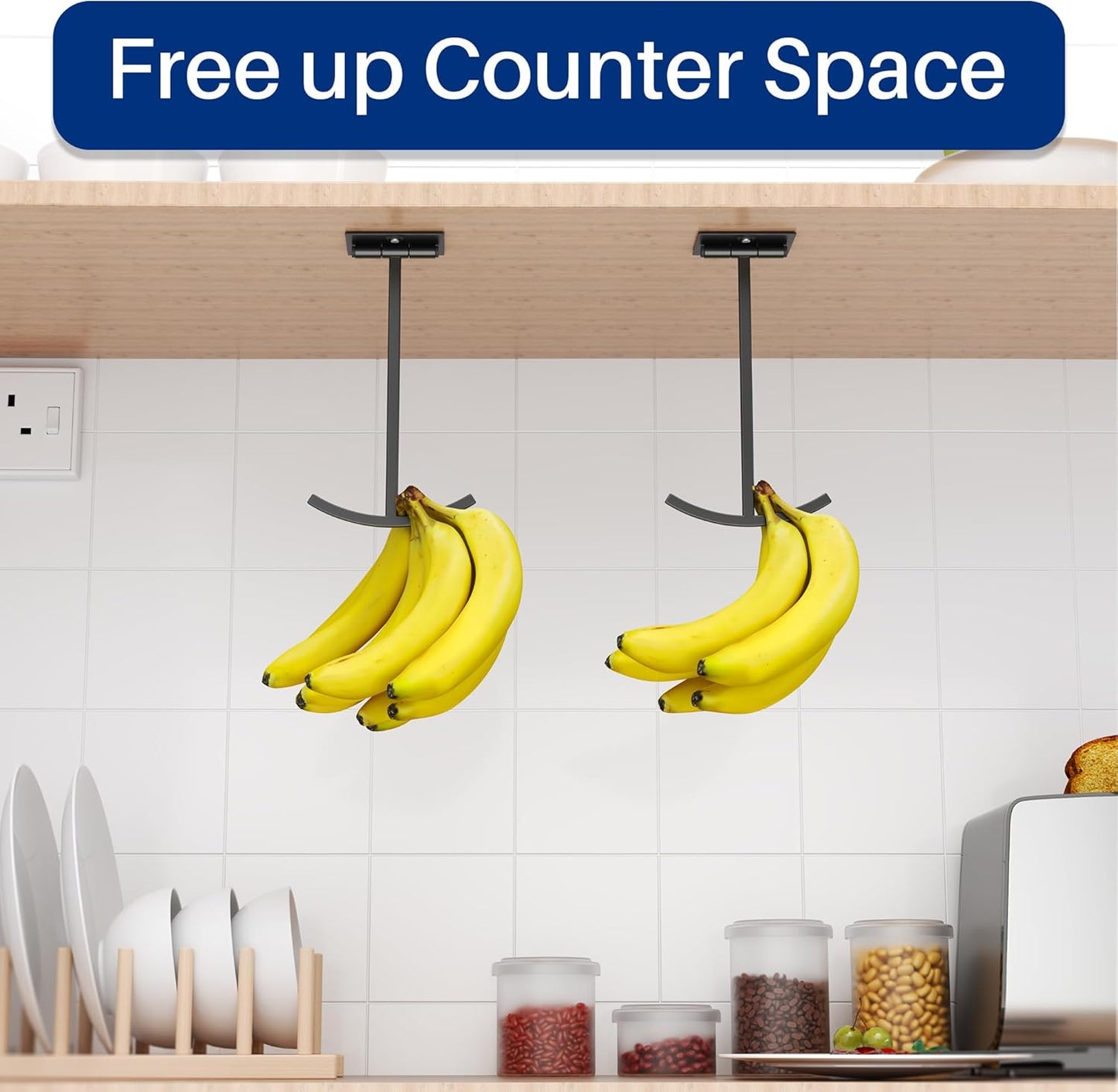 Banana Hook Under Cabinet - Adhesive Banana Hanger Under Counter, Metal Banana Holder Stand for Hanging Bananas or Kitchen Utensil, Keeps Bananas Fresh, Black, 1 Pack