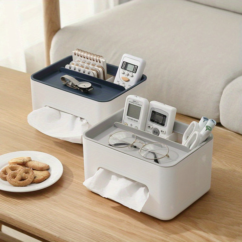 2pcs White Plastic Desktop Organizer with Tissue Holder & Remote Control Tension Stand - Lightweight, Portable Storage Box for Office Supplies - Ideal for Home and Office Use