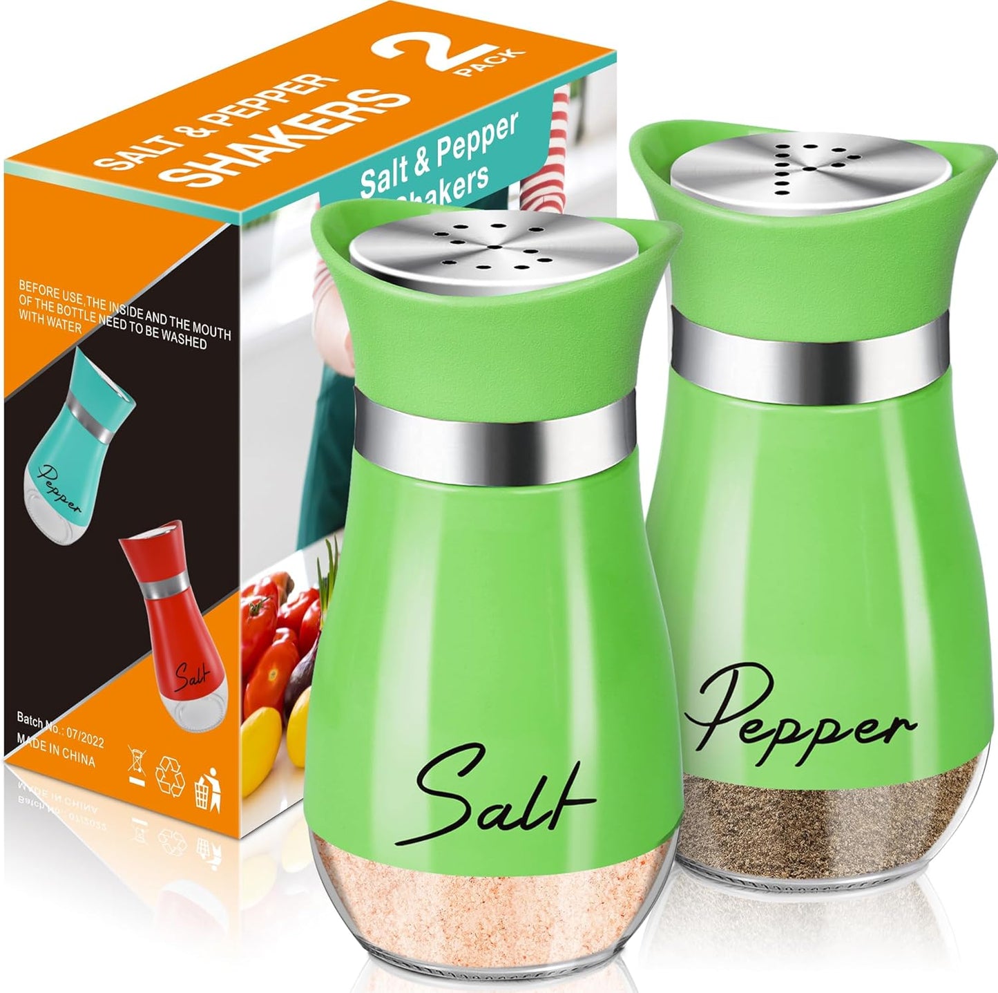 Salt and Pepper Shakers Set,4 oz Glass Bottom Salt Pepper Shaker with Stainless Steel Lid for Kitchen Cooking Table, RV, Camp,BBQ Refillable Design (Pink)