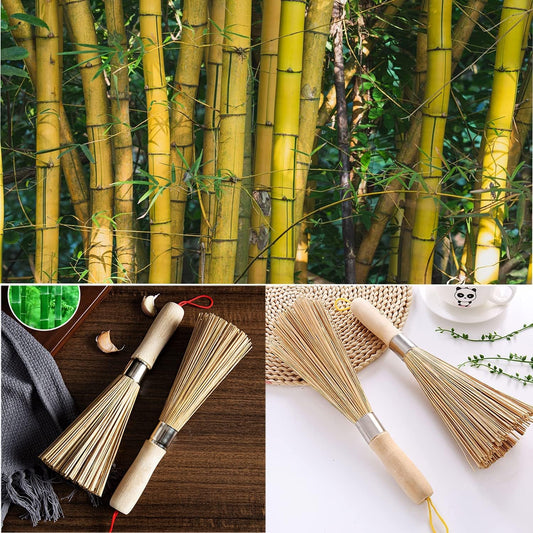 2Pack Traditional Natural Bamboo Wok Brushes, Kitchen Cleaning Brush, Bamboo Kitchen pan Brush, for Cleaning Dishes, Cast Iron Pots, Pans, Vegetables and Sink。