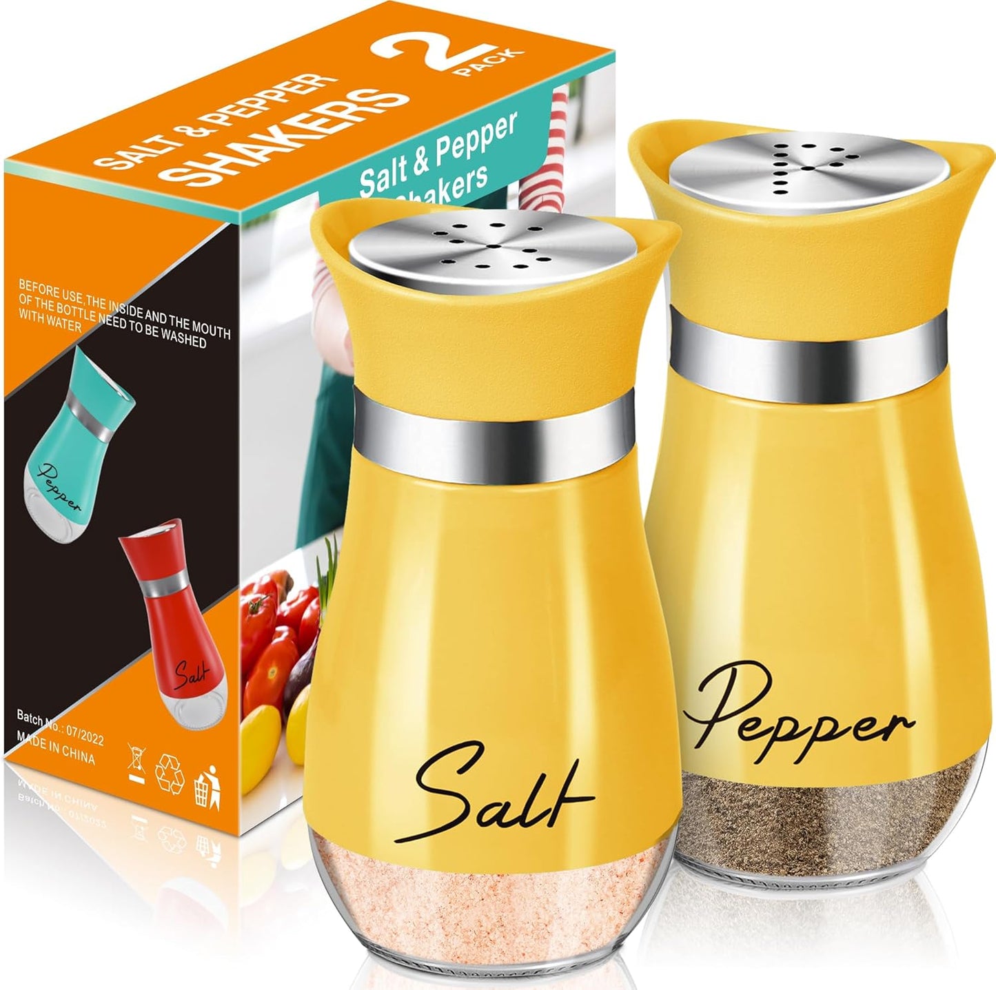 Salt and Pepper Shakers Set,4 oz Glass Bottom Salt Pepper Shaker with Stainless Steel Lid for Kitchen Cooking Table, RV, Camp,BBQ Refillable Design (Pink)