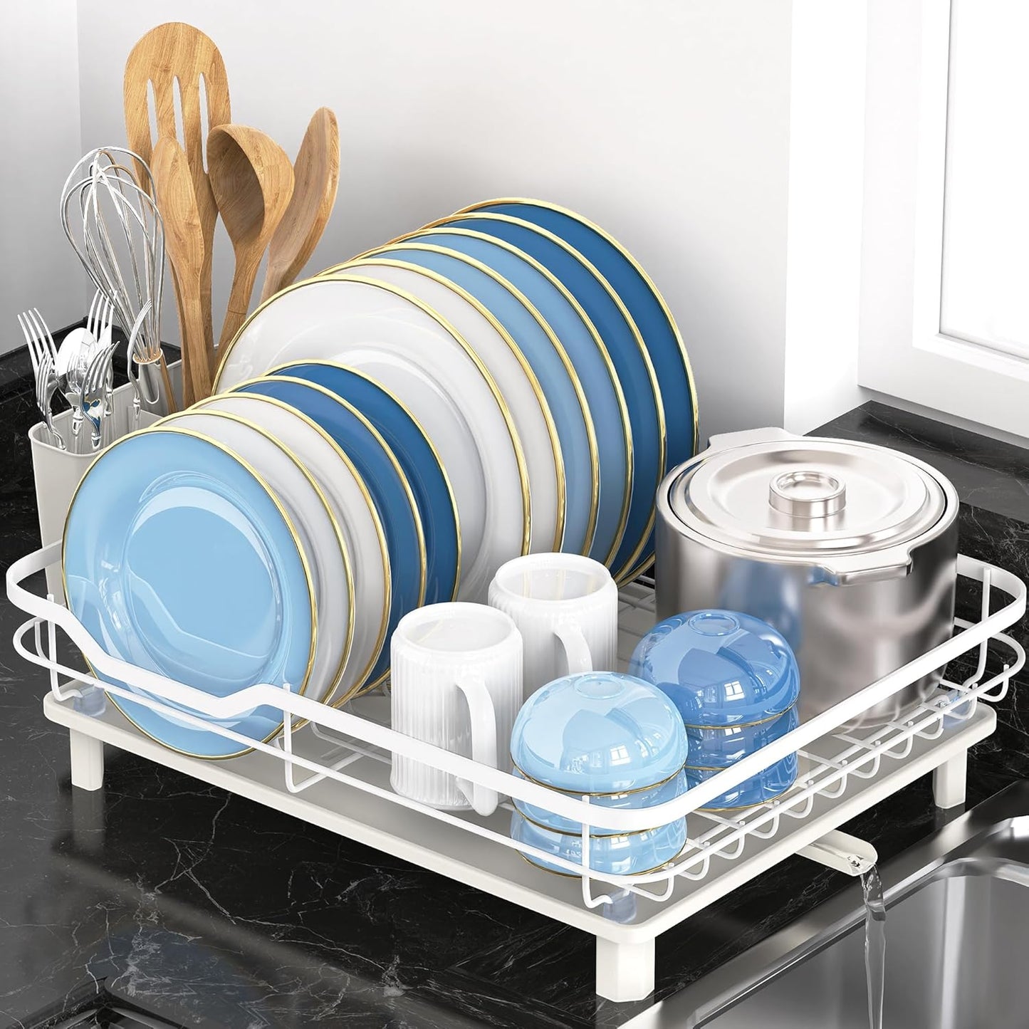Dish Drying Rack, Stainless Steel Rustproof Dish Rack for Kitchen Counter, Sturdy Dish Drainer with Drainboard, Drainage, Utensil Holder for Various Kitchenware, 16.2"(L) x 12.6"(W), Black