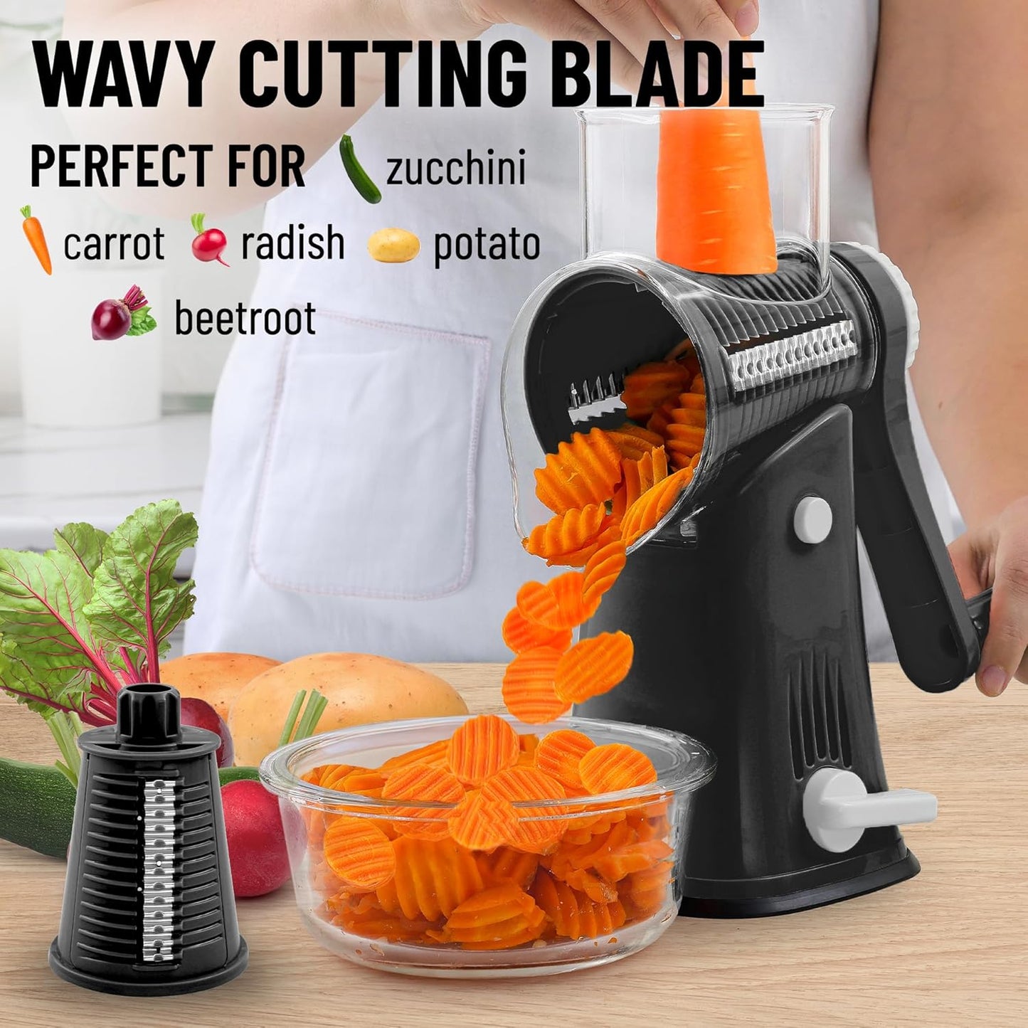 Kitchen Rotary Cheese Grater 5 Blade Cheese Shredder Manual Hand Crank Cheese Grater With Reinforced Suction & 5 Interchangeable Drums - Easy to Use, Vegetable Chopper Round Slicer
