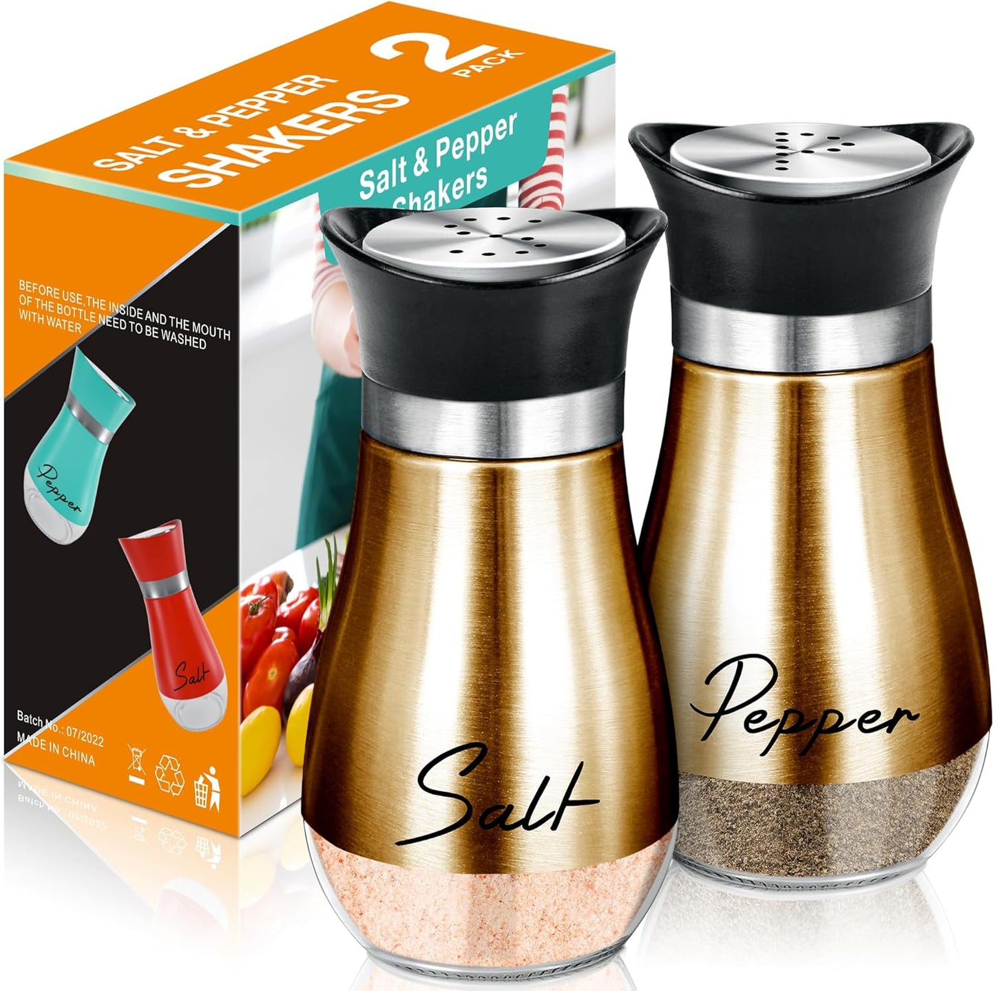 Salt and Pepper Shakers Set,4 oz Glass Bottom Salt Pepper Shaker with Stainless Steel Lid for Kitchen Cooking Table, RV, Camp,BBQ Refillable Design (Pink)