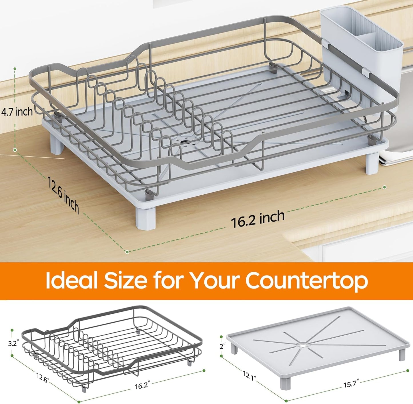 Dish Drying Rack, Stainless Steel Rustproof Dish Rack for Kitchen Counter, Sturdy Dish Drainer with Drainboard, Drainage, Utensil Holder for Various Kitchenware, 16.2"(L) x 12.6"(W), Black