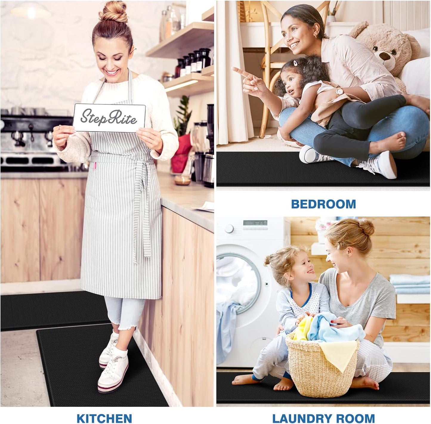 2PCS Kitchen Rugs, Cushioned Anti Fatigue Kitchen Mats for Floor, Non-Slip Standing Desk Mat, Waterproof Kitchen Rug Set for Kitchen, Floor, Office,17.3"×30"+17.3"×47",Black