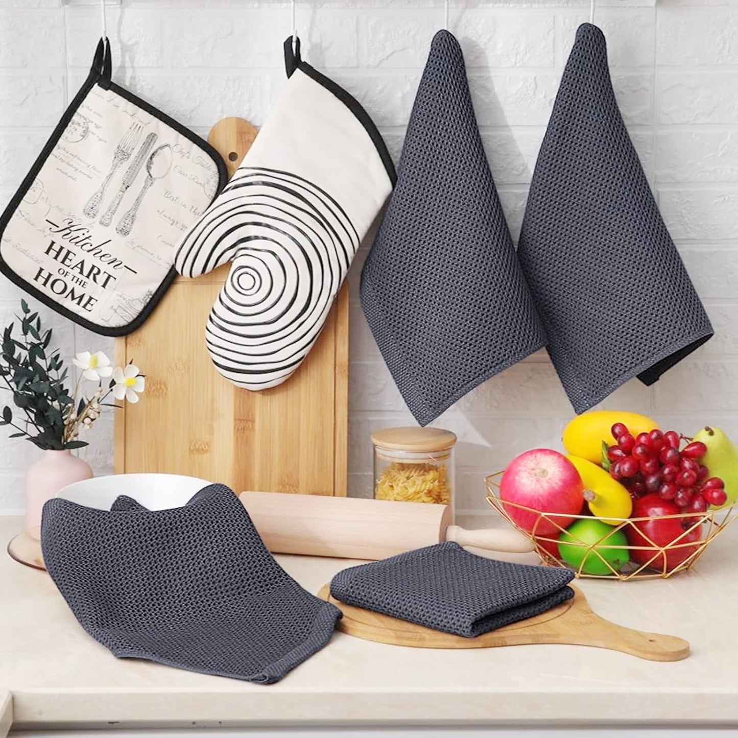 100% Cotton Waffle Weave Kitchen Dish Cloths, Ultra Soft Absorbent Quick Drying Dish Towels, 12 x 12 Inches, 6-Pack, Dark Grey