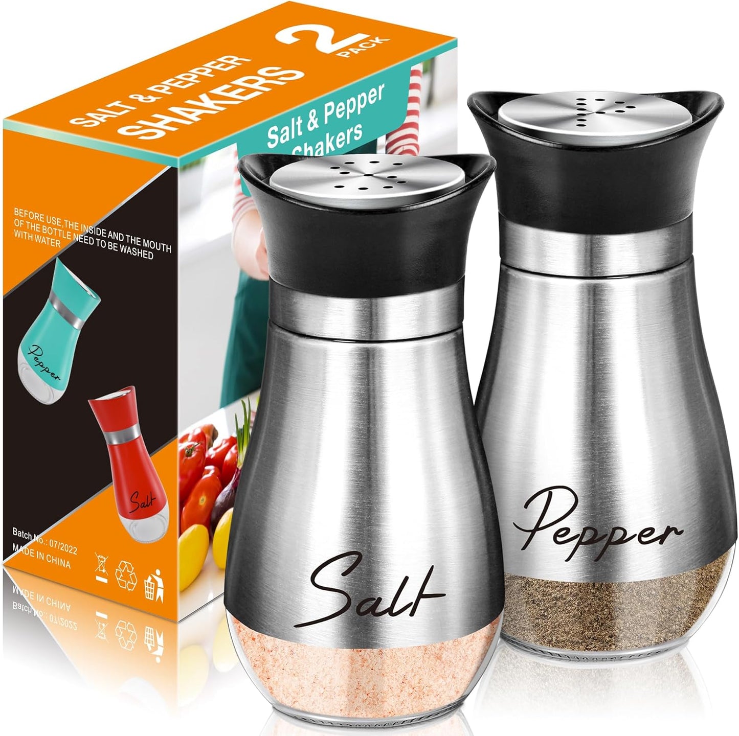 Salt and Pepper Shakers Set,4 oz Glass Bottom Salt Pepper Shaker with Stainless Steel Lid for Kitchen Cooking Table, RV, Camp,BBQ Refillable Design (Pink)