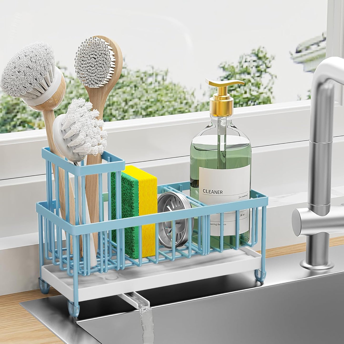 Cisily Sponge Holder for Kitchen Sink, Sink Caddy with High Brush Holder, Kitchen Sink Organizer Countertop Rustproof 304 Stainless Steel , Soap Dispenser Kitchen Organizers and Storage Essentials
