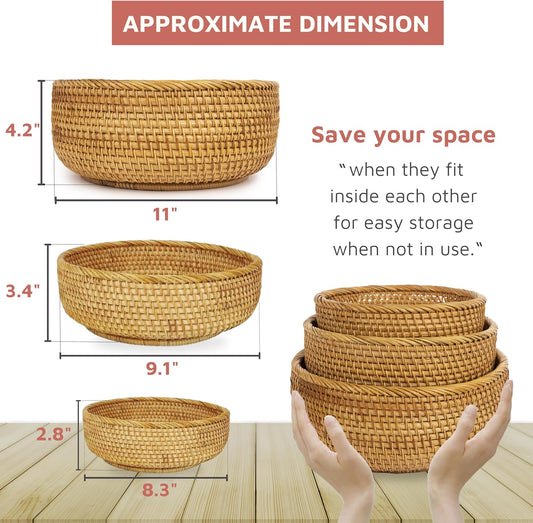 Fruit Basket For Holder Bowl Decorative Bread Vegetable, Serving Bowl Set of 3 For Organizing Kitchen Natural Rattan Picnic Basket Round Stackable (Natural)