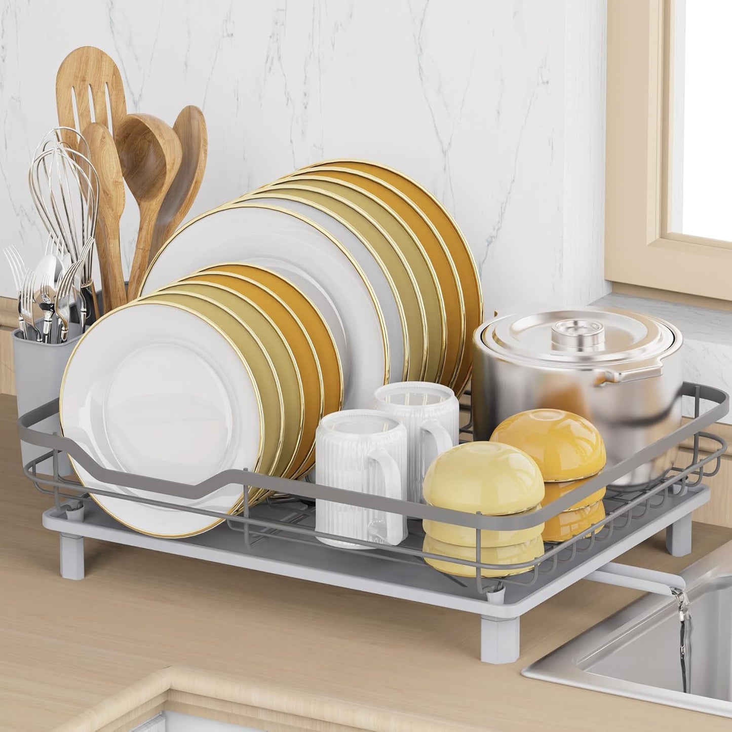 Dish Drying Rack, Stainless Steel Rustproof Dish Rack for Kitchen Counter, Sturdy Dish Drainer with Drainboard, Drainage, Utensil Holder for Various Kitchenware, 16.2"(L) x 12.6"(W), Black