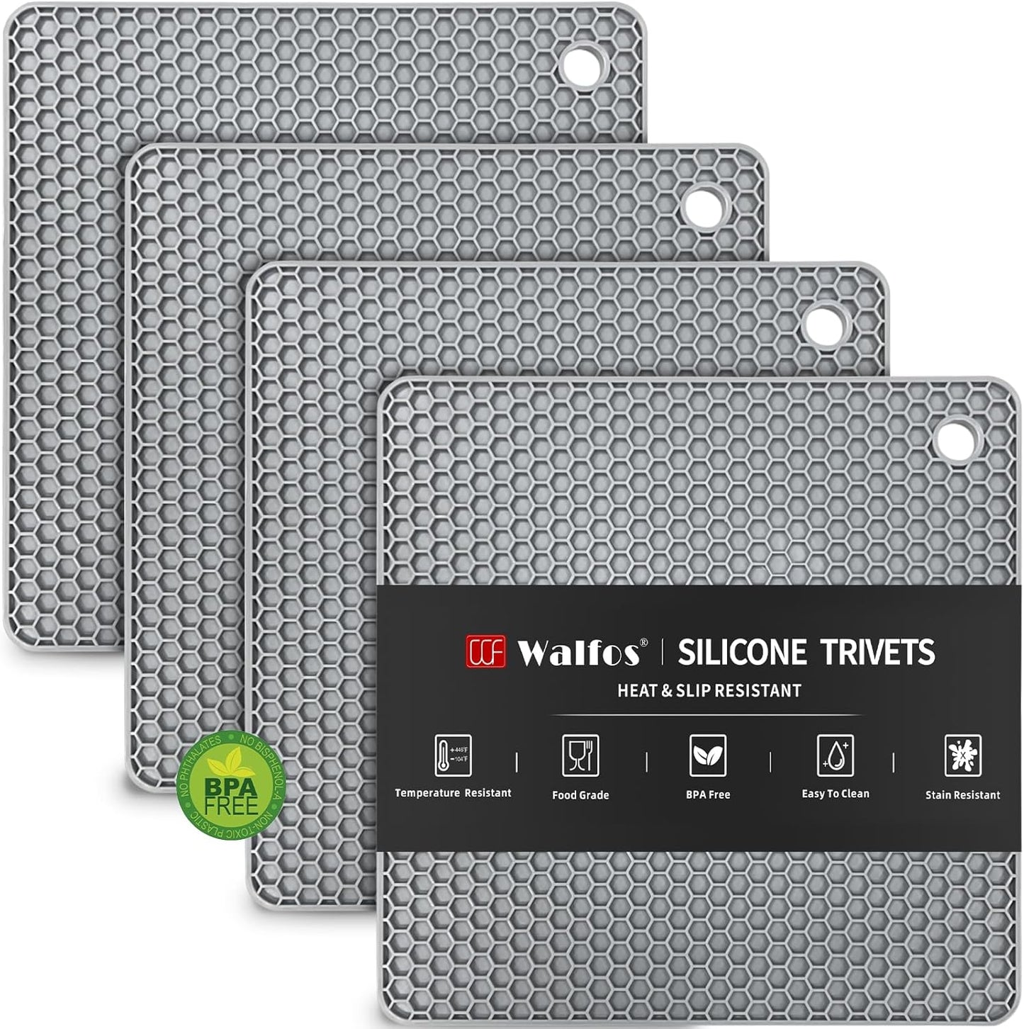 Silicone Trivet Mats - 4 Heat Resistant Pot Holders, Multipurpose Non-Slip Hot Pads for Kitchen Potholders, Hot Dishers, Jar Opener, Spoon Holder, Food Grade Silicone & BPA Free (Black)