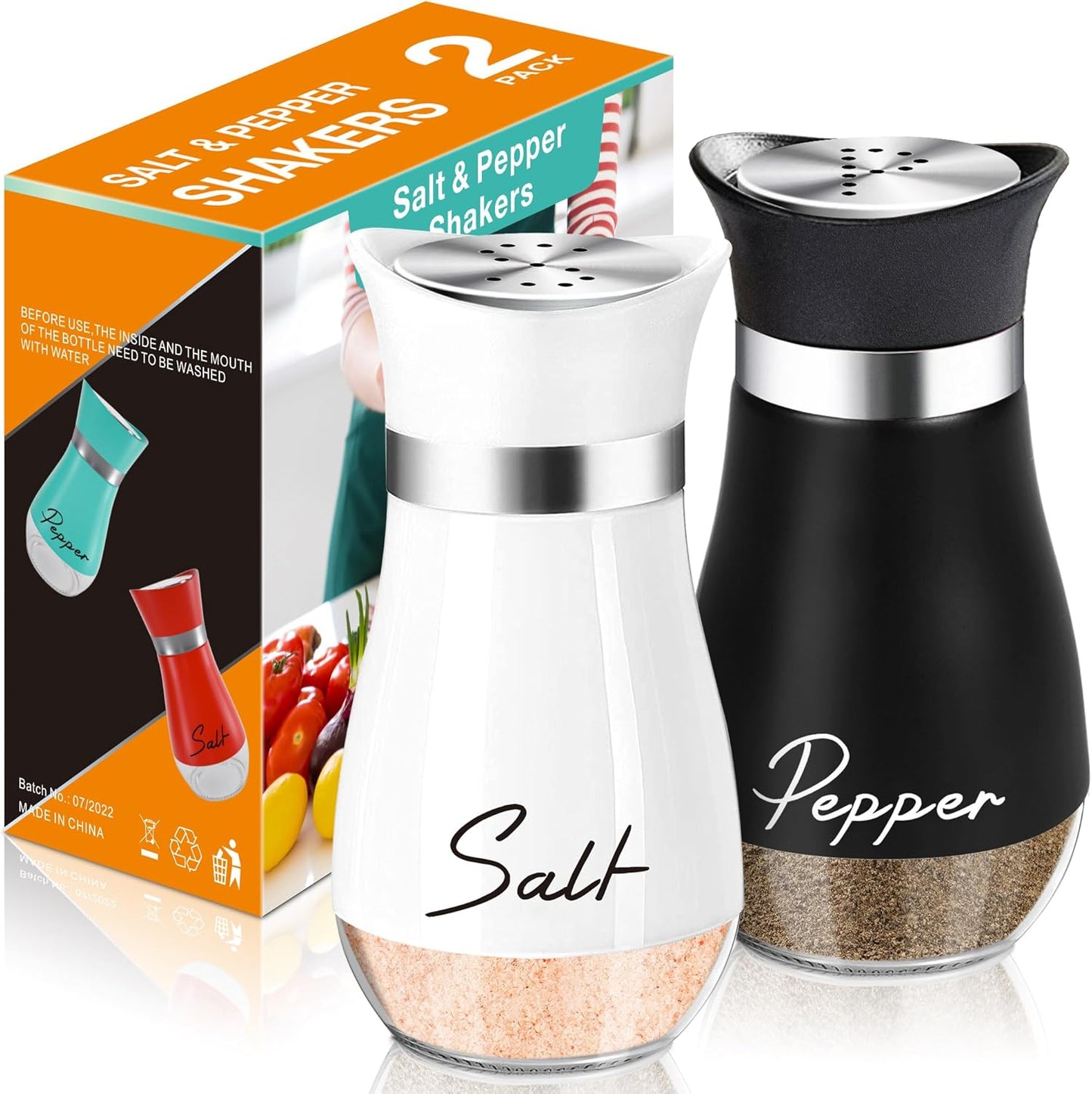 Salt and Pepper Shakers Set,4 oz Glass Bottom Salt Pepper Shaker with Stainless Steel Lid for Kitchen Cooking Table, RV, Camp,BBQ Refillable Design (Pink)