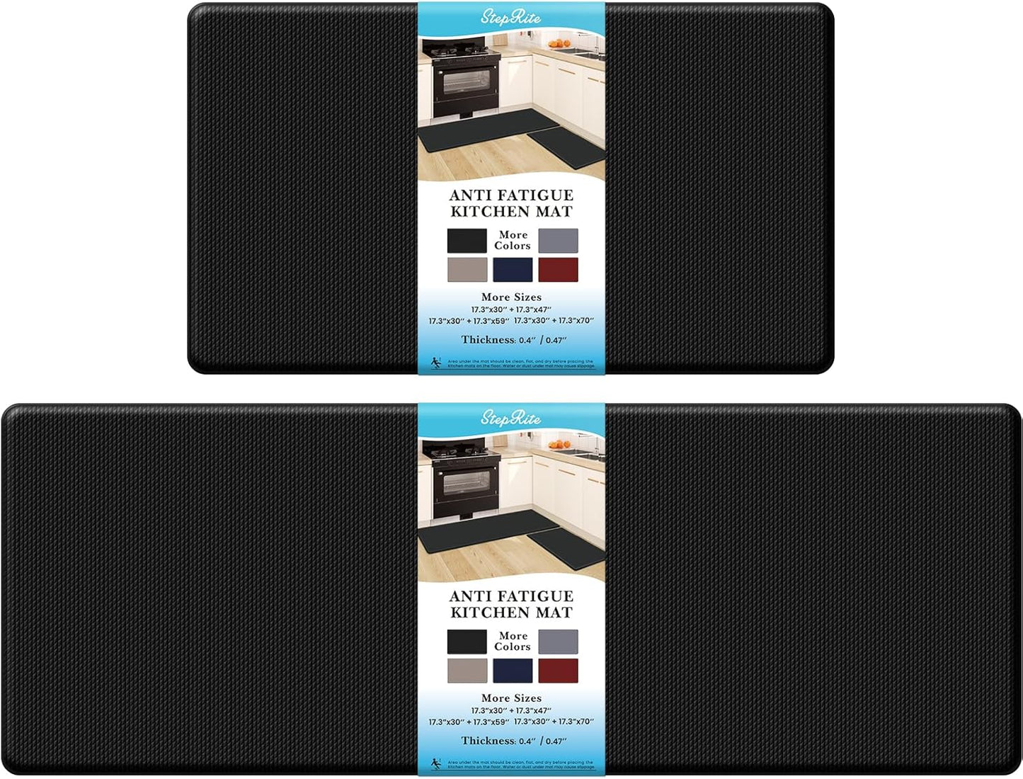 2PCS Kitchen Rugs, Cushioned Anti Fatigue Kitchen Mats for Floor, Non-Slip Standing Desk Mat, Waterproof Kitchen Rug Set for Kitchen, Floor, Office,17.3"×30"+17.3"×47",Black