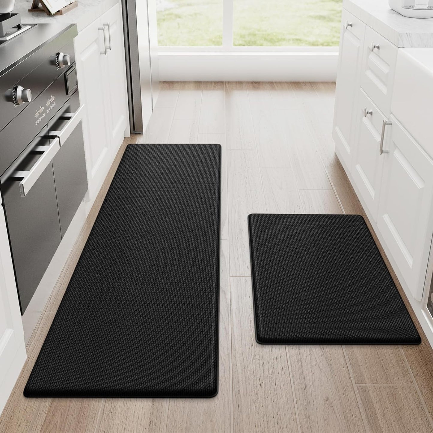 2PCS Kitchen Rugs, Cushioned Anti Fatigue Kitchen Mats for Floor, Non-Slip Standing Desk Mat, Waterproof Kitchen Rug Set for Kitchen, Floor, Office,17.3"×30"+17.3"×47",Black