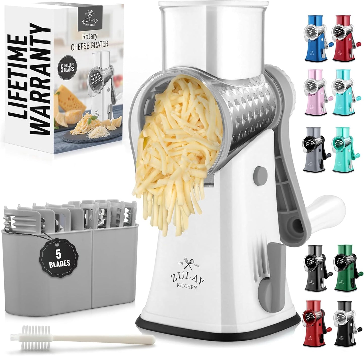 Kitchen Rotary Cheese Grater 5 Blade Cheese Shredder Manual Hand Crank Cheese Grater With Reinforced Suction & 5 Interchangeable Drums - Easy to Use, Vegetable Chopper Round Slicer