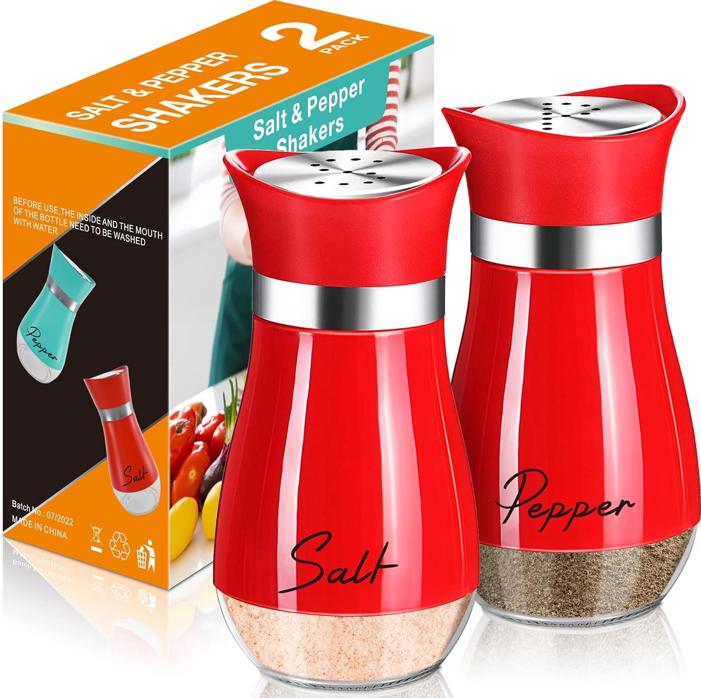 Salt and Pepper Shakers Set,4 oz Glass Bottom Salt Pepper Shaker with Stainless Steel Lid for Kitchen Cooking Table, RV, Camp,BBQ Refillable Design (Pink)