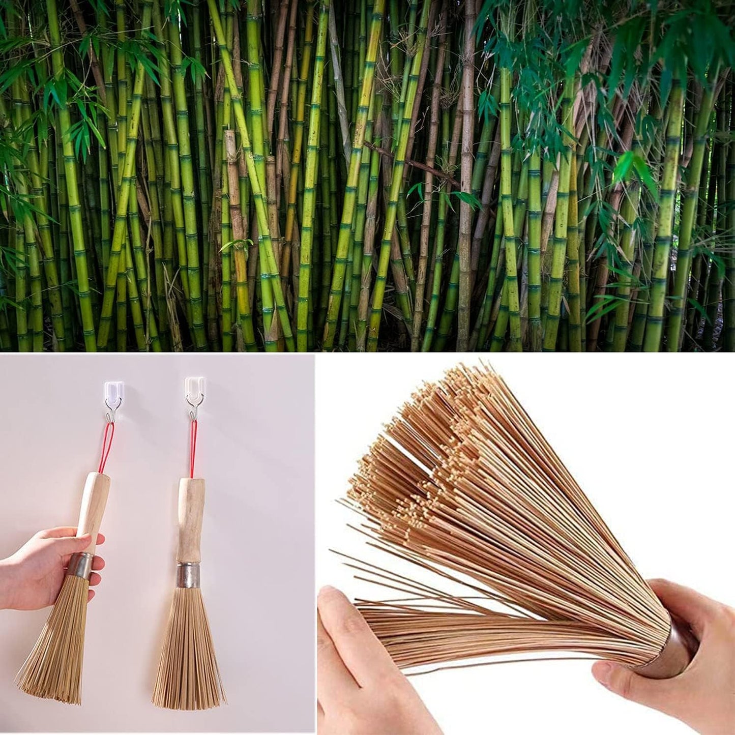 2Pack Traditional Natural Bamboo Wok Brushes, Kitchen Cleaning Brush, Bamboo Kitchen pan Brush, for Cleaning Dishes, Cast Iron Pots, Pans, Vegetables and Sink。