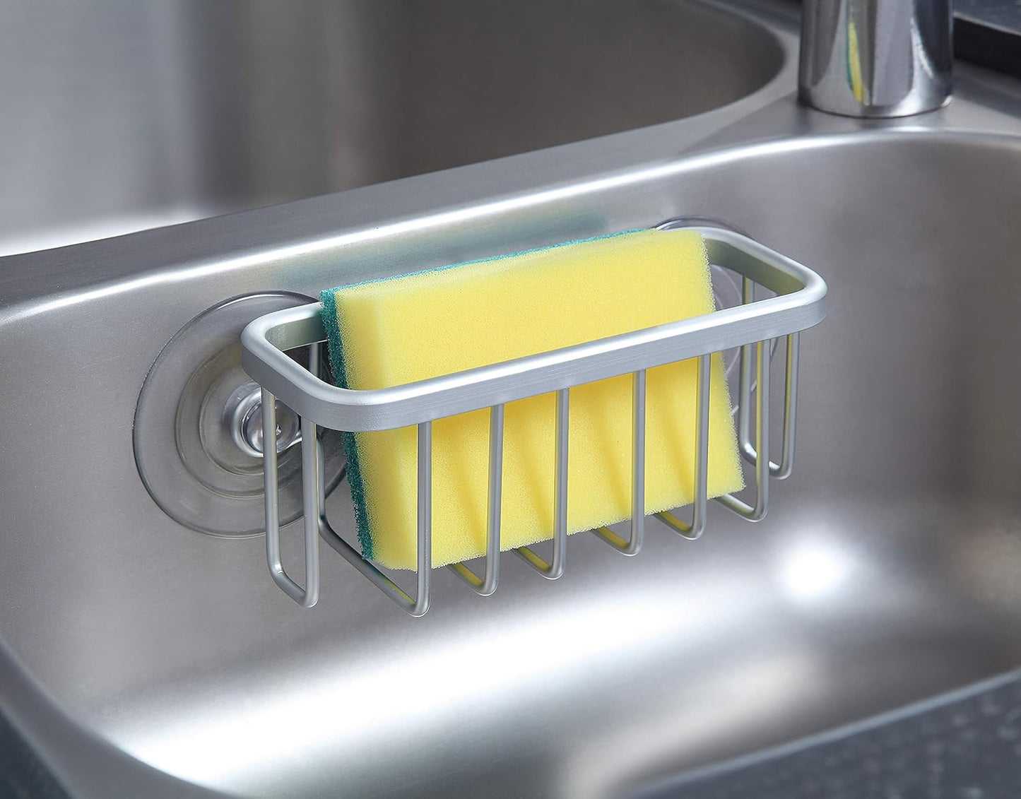 Kitchen Sink Suction Holder for Sponges, Scrubbers, Soap, Kitchen, Bathroom, 6" x 2.5" x 2.75", Aluminum (Black)