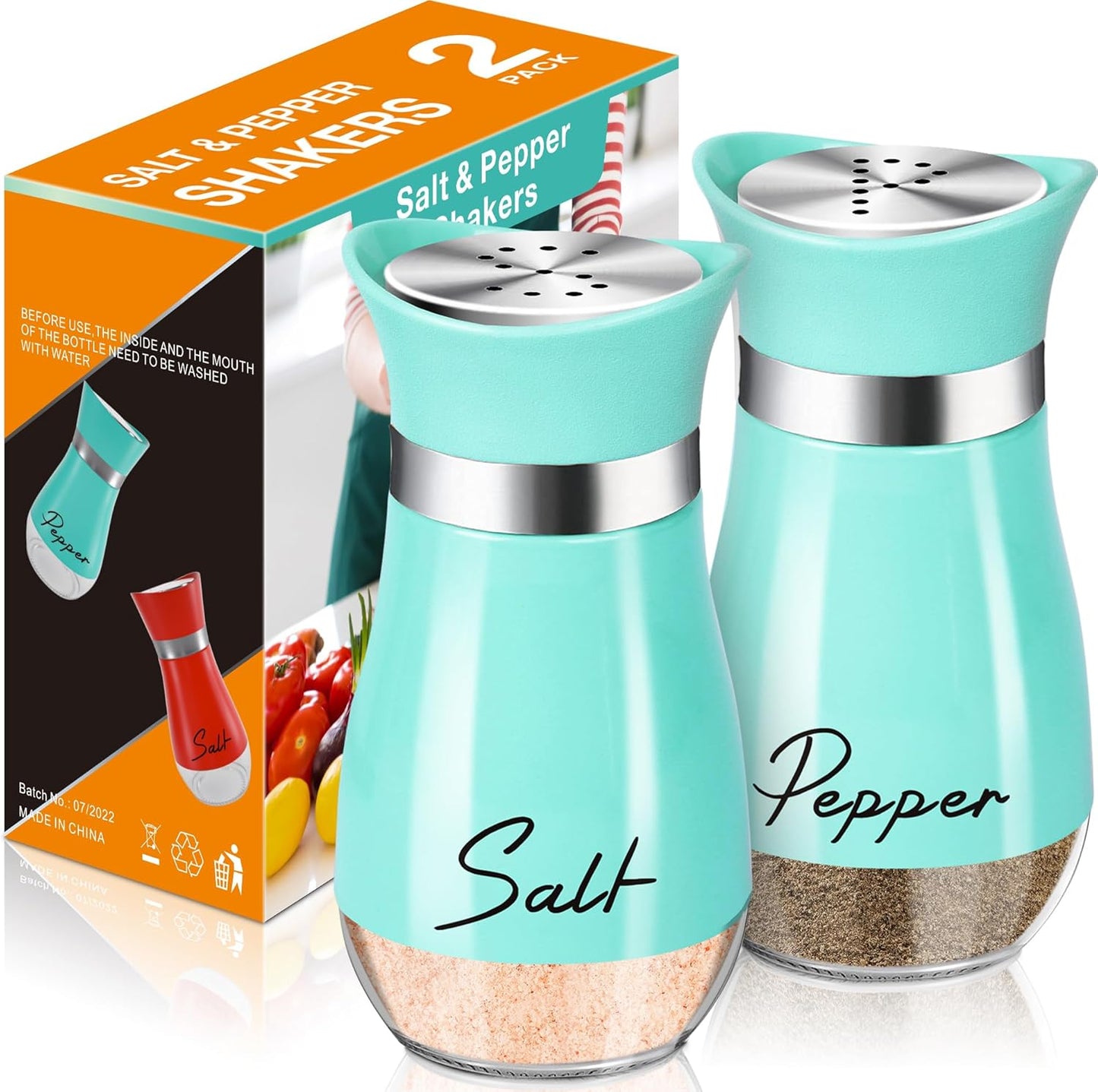Salt and Pepper Shakers Set,4 oz Glass Bottom Salt Pepper Shaker with Stainless Steel Lid for Kitchen Cooking Table, RV, Camp,BBQ Refillable Design (Pink)