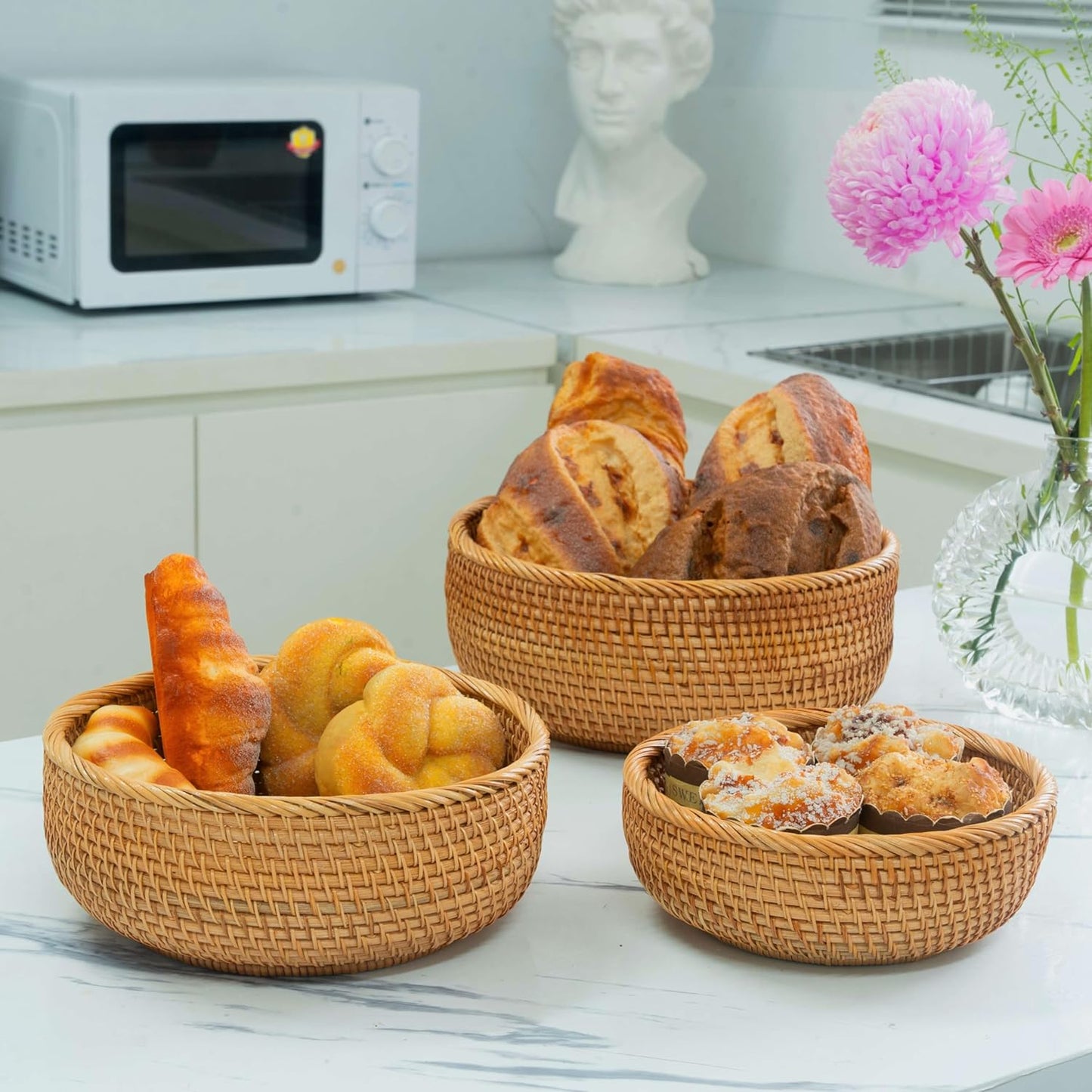 Fruit Basket For Holder Bowl Decorative Bread Vegetable, Serving Bowl Set of 3 For Organizing Kitchen Natural Rattan Picnic Basket Round Stackable (Natural)