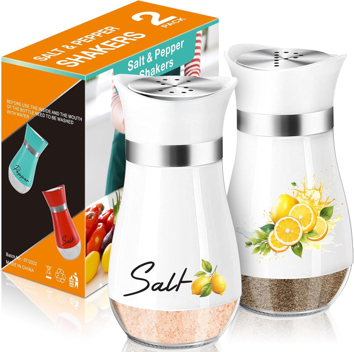 Salt and Pepper Shakers Set,4 oz Glass Bottom Salt Pepper Shaker with Stainless Steel Lid for Kitchen Cooking Table, RV, Camp,BBQ Refillable Design (Pink)
