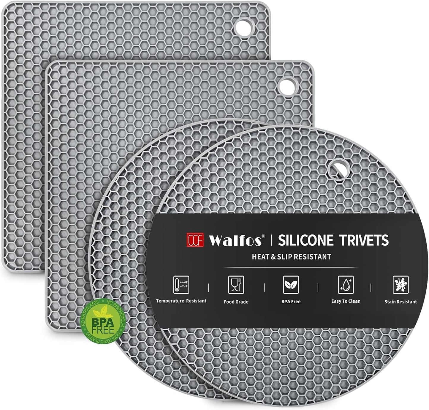 Silicone Trivet Mats - 4 Heat Resistant Pot Holders, Multipurpose Non-Slip Hot Pads for Kitchen Potholders, Hot Dishers, Jar Opener, Spoon Holder, Food Grade Silicone & BPA Free (Black)