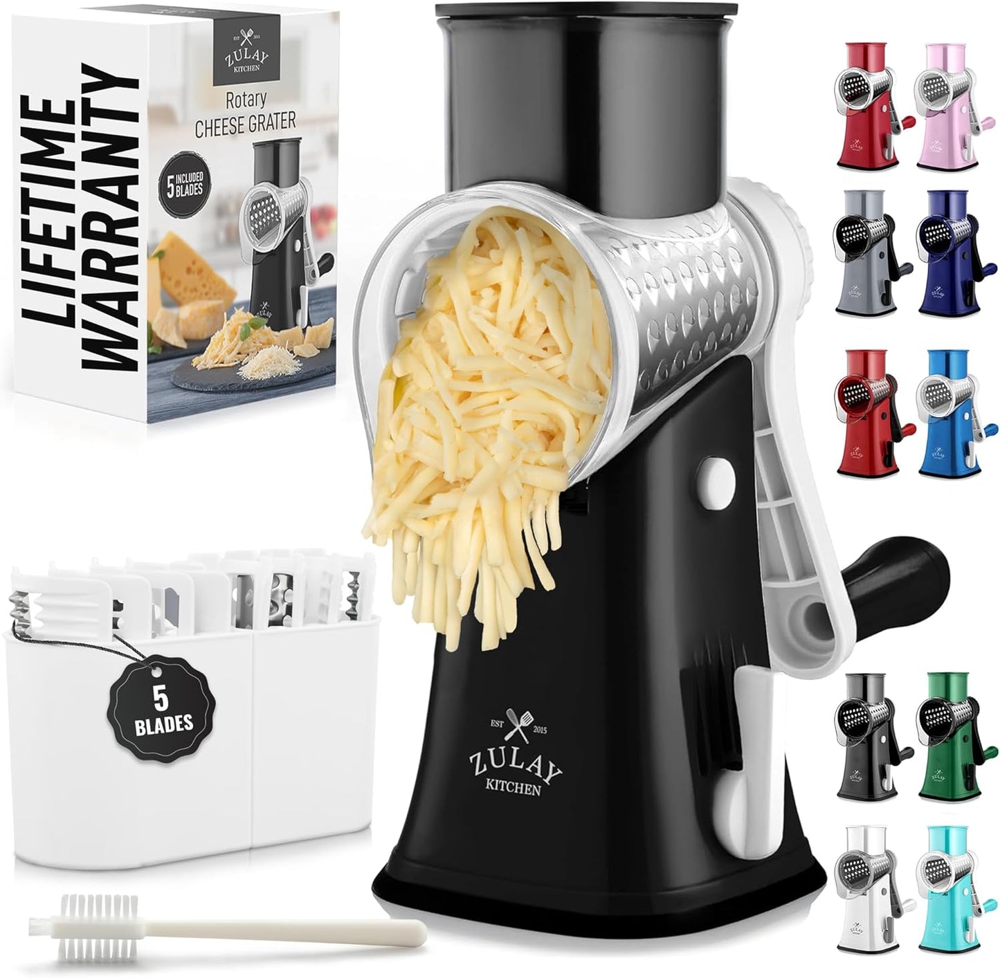 Kitchen Rotary Cheese Grater 5 Blade Cheese Shredder Manual Hand Crank Cheese Grater With Reinforced Suction & 5 Interchangeable Drums - Easy to Use, Vegetable Chopper Round Slicer