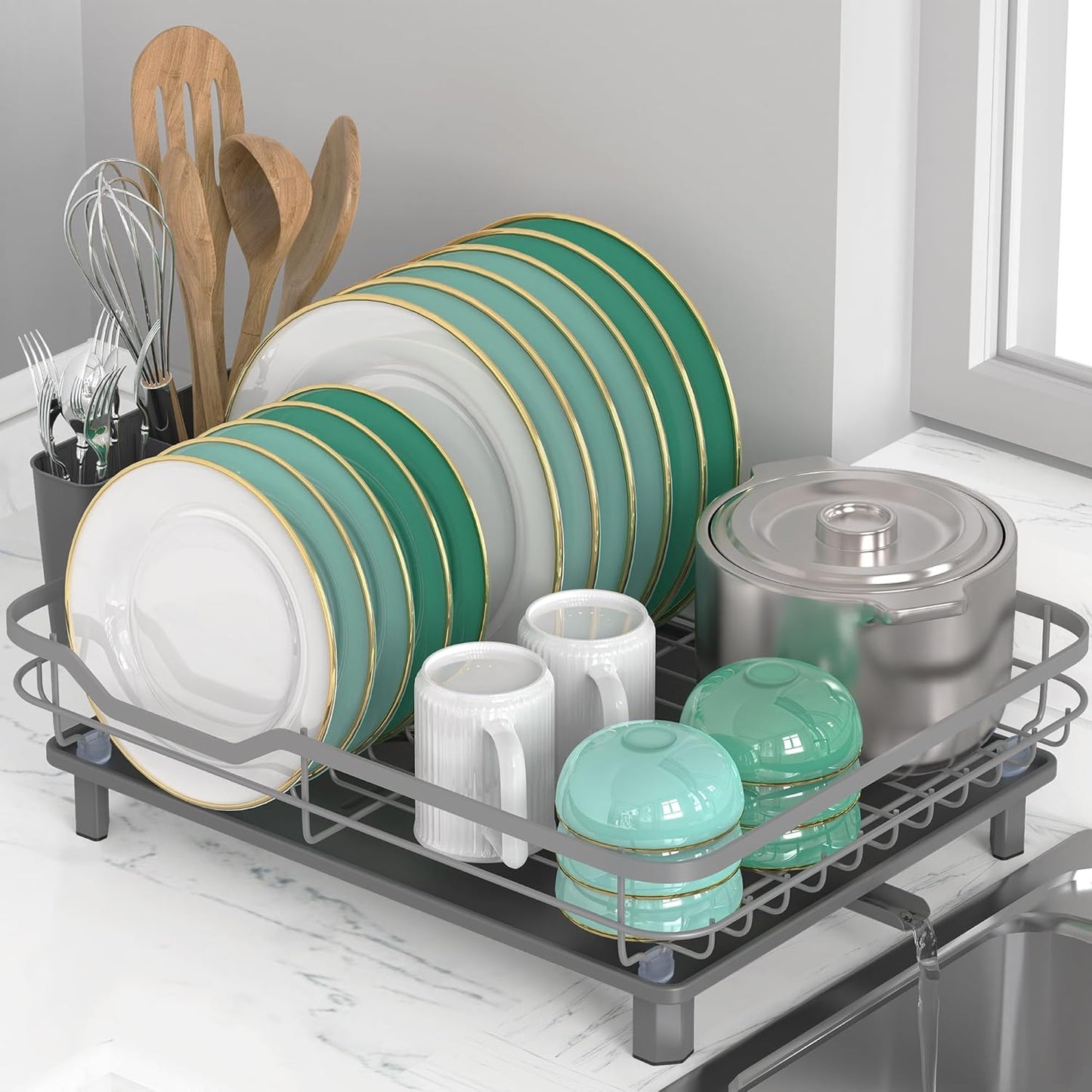 Dish Drying Rack, Stainless Steel Rustproof Dish Rack for Kitchen Counter, Sturdy Dish Drainer with Drainboard, Drainage, Utensil Holder for Various Kitchenware, 16.2"(L) x 12.6"(W), Black