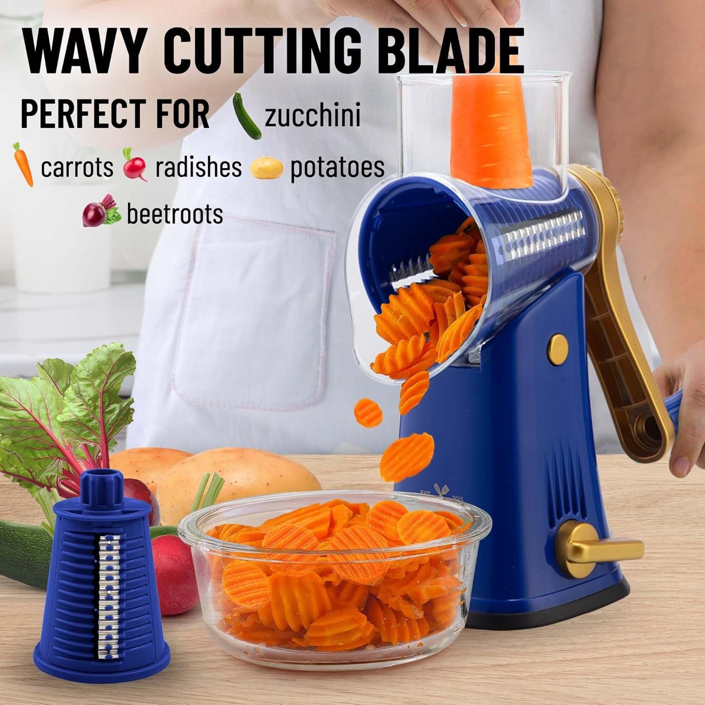 Kitchen Rotary Cheese Grater 5 Blade Cheese Shredder Manual Hand Crank Cheese Grater With Reinforced Suction & 5 Interchangeable Drums - Easy to Use, Vegetable Chopper Round Slicer