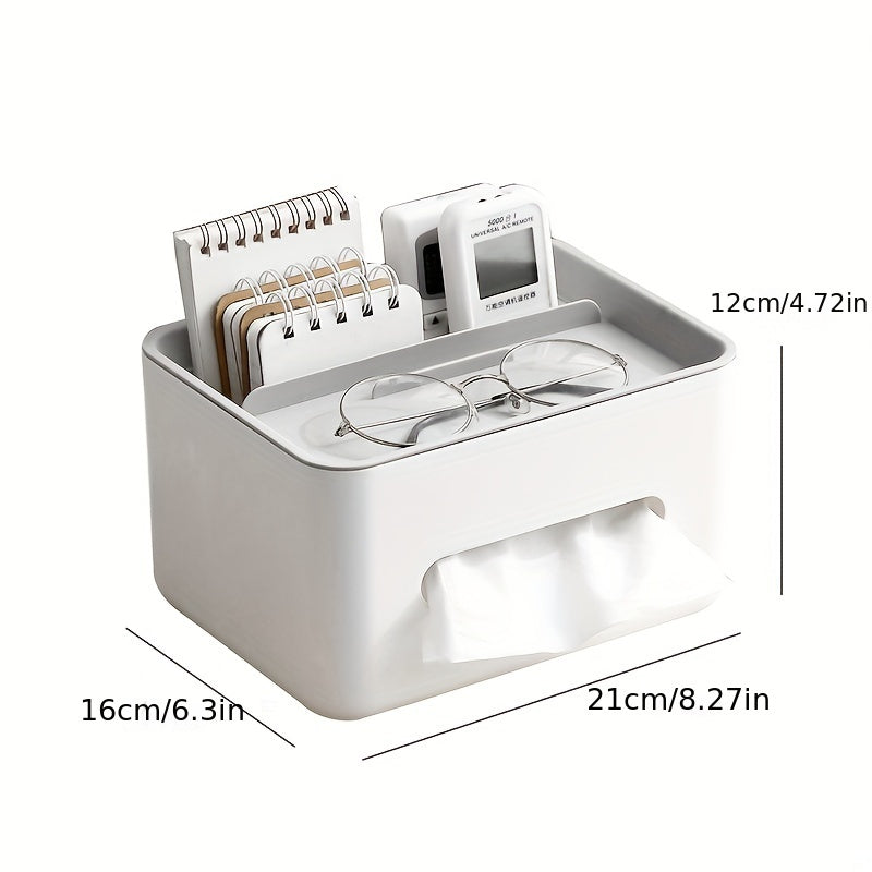 2pcs White Plastic Desktop Organizer with Tissue Holder & Remote Control Tension Stand - Lightweight, Portable Storage Box for Office Supplies - Ideal for Home and Office Use