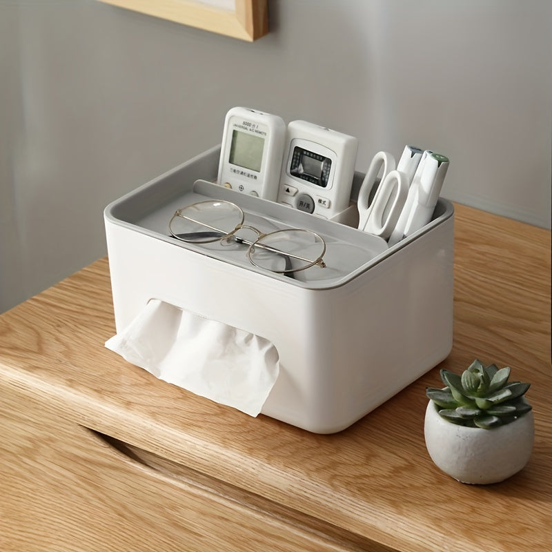 2pcs White Plastic Desktop Organizer with Tissue Holder & Remote Control Tension Stand - Lightweight, Portable Storage Box for Office Supplies - Ideal for Home and Office Use