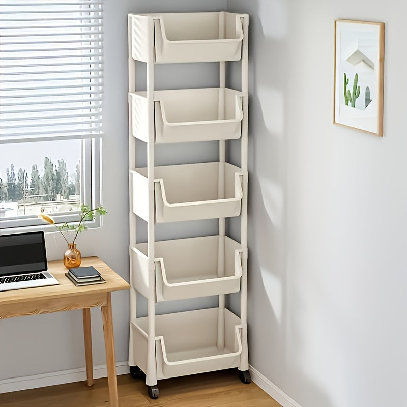 5 Layer White Storage Shelf, Wheel-Based Mobile Shelf For Optimal Storage Racks In Living Room, Bedroom, Dormitory, Office, Garage Space, Utility Shelves