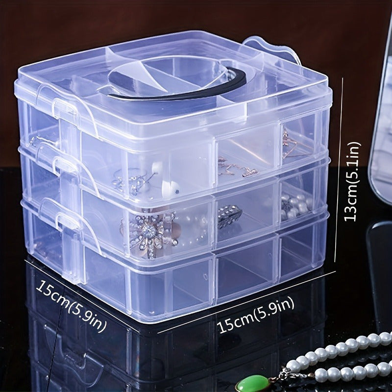 3-Layer Plastic Storage Box with 18 Compartments, Multi-Functional Jewelry Organizer, DIY Craft Embroidery Bead Holder, Portable Travel Accessory Case - Available in Clear, Pink, Blue
