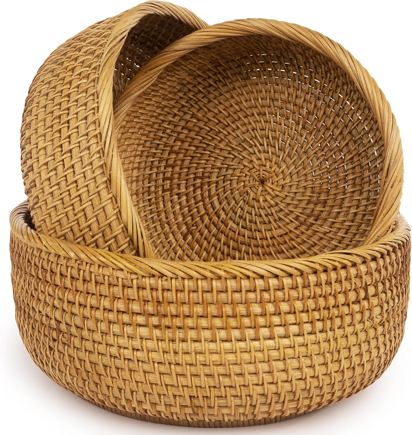 Fruit Basket For Holder Bowl Decorative Bread Vegetable, Serving Bowl Set of 3 For Organizing Kitchen Natural Rattan Picnic Basket Round Stackable (Natural)