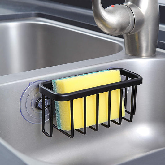 Kitchen Sink Suction Holder for Sponges, Scrubbers, Soap, Kitchen, Bathroom, 6" x 2.5" x 2.75", Aluminum (Black)