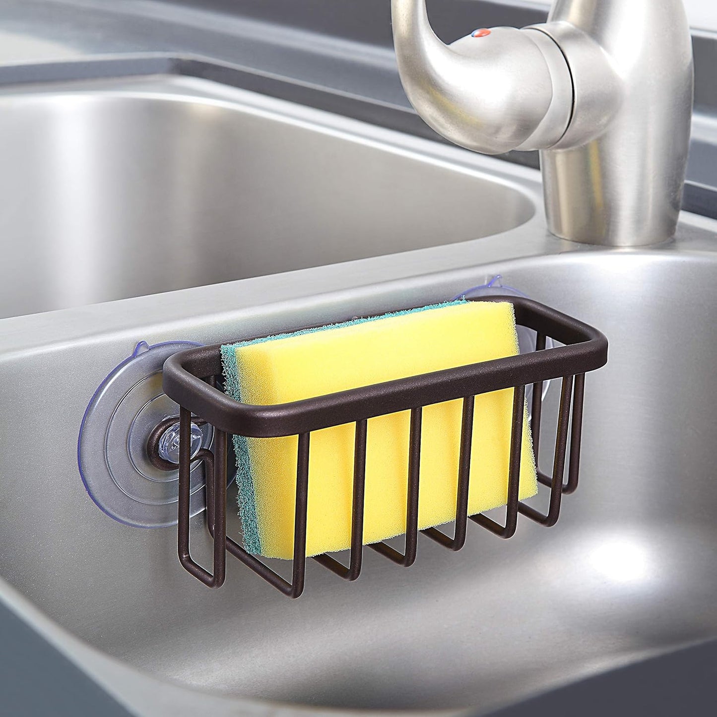 Kitchen Sink Suction Holder for Sponges, Scrubbers, Soap, Kitchen, Bathroom, 6" x 2.5" x 2.75", Aluminum (Black)