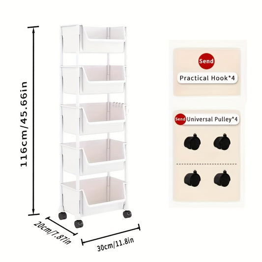 5 Layer White Storage Shelf, Wheel-Based Mobile Shelf For Optimal Storage Racks In Living Room, Bedroom, Dormitory, Office, Garage Space, Utility Shelves