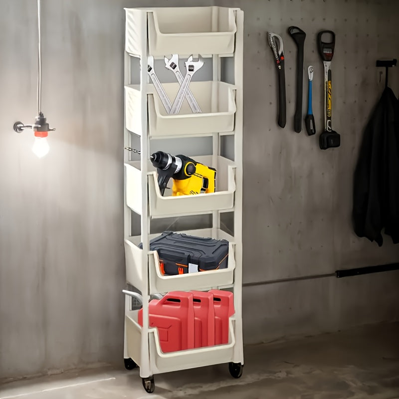 5 Layer White Storage Shelf, Wheel-Based Mobile Shelf For Optimal Storage Racks In Living Room, Bedroom, Dormitory, Office, Garage Space, Utility Shelves