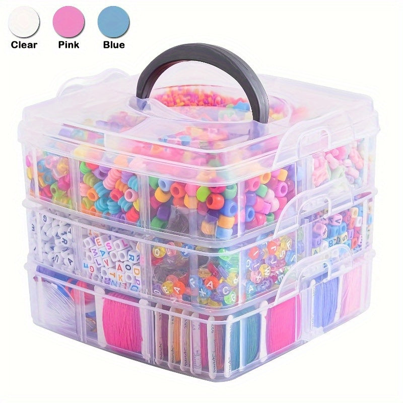 3-Layer Plastic Storage Box with 18 Compartments, Multi-Functional Jewelry Organizer, DIY Craft Embroidery Bead Holder, Portable Travel Accessory Case - Available in Clear, Pink, Blue