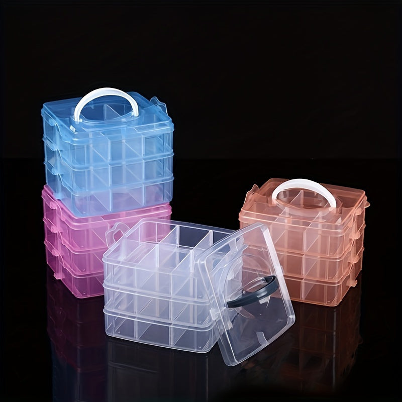 3-Layer Plastic Storage Box with 18 Compartments, Multi-Functional Jewelry Organizer, DIY Craft Embroidery Bead Holder, Portable Travel Accessory Case - Available in Clear, Pink, Blue