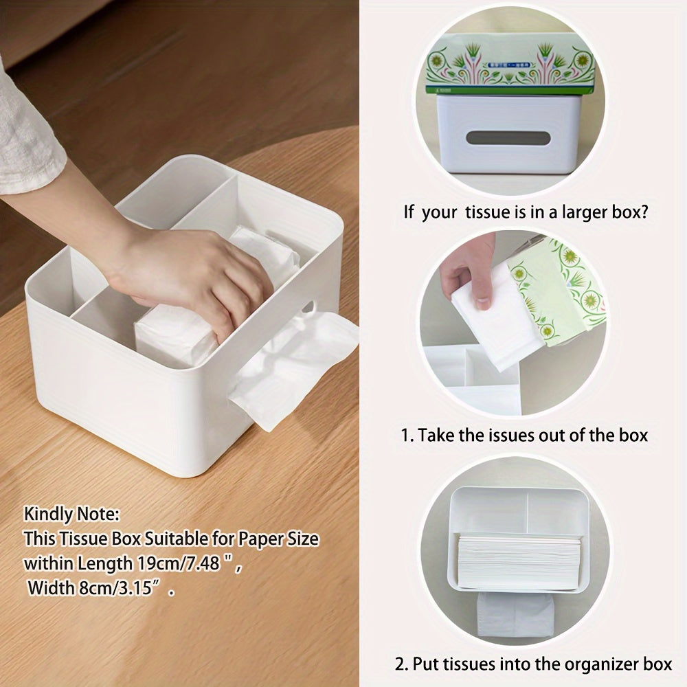2pcs White Plastic Desktop Organizer with Tissue Holder & Remote Control Tension Stand - Lightweight, Portable Storage Box for Office Supplies - Ideal for Home and Office Use
