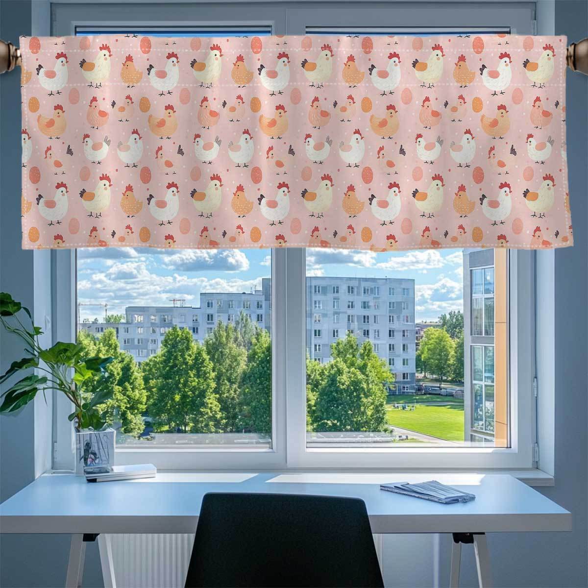 1pc Modern Polyester Rod Pocket Kitchen Curtain, Semi-Sheer Washable Short Tier Curtain with Cartoon Chicken and Egg Print, Living Room Decor, Hand Wash Only, 160-180gsm Non-woven Fabric