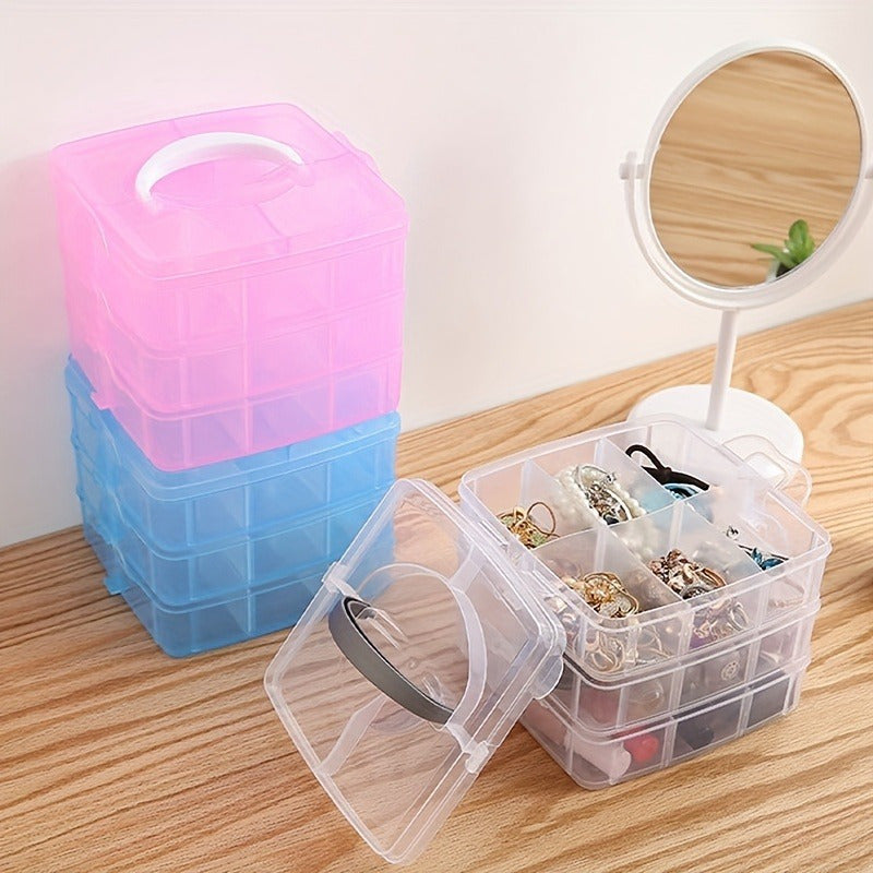 3-Layer Plastic Storage Box with 18 Compartments, Multi-Functional Jewelry Organizer, DIY Craft Embroidery Bead Holder, Portable Travel Accessory Case - Available in Clear, Pink, Blue